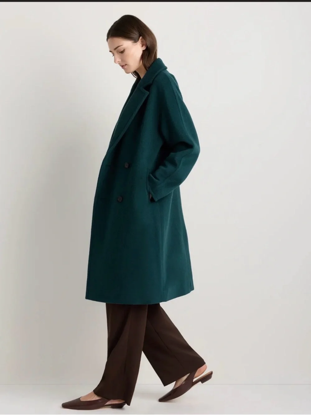 Quince Italian Wool and Cashmere Double Breasted Slouch Cost in Nocturn Green Lg